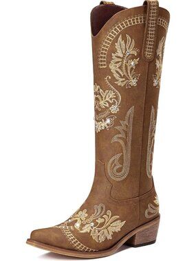Women's Wide Calf Knee High Sparkly Rhinestone Western Country Boots Brown